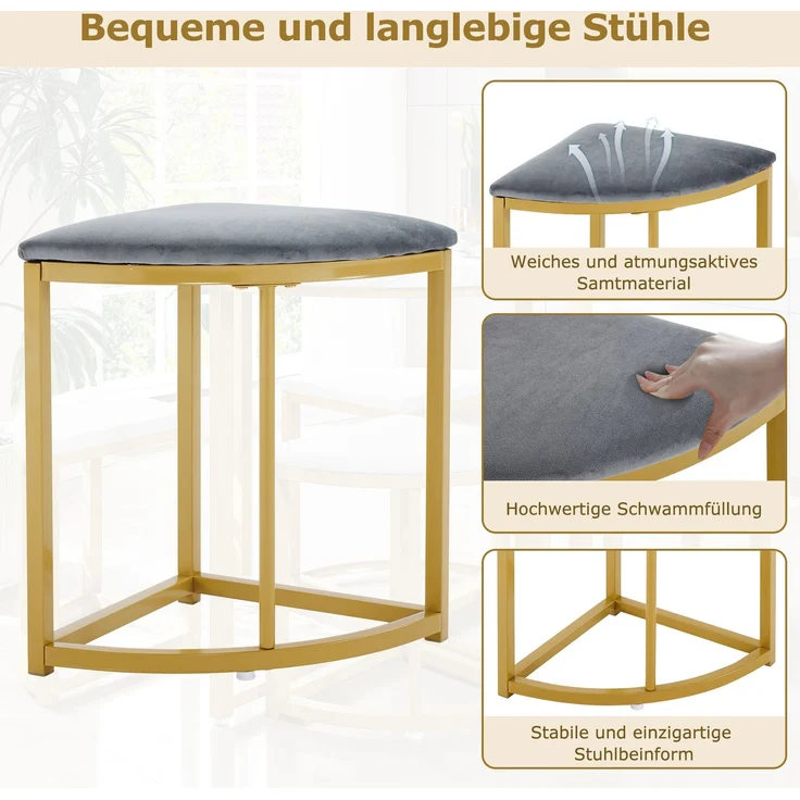 Essgruppe rund 80 cm mit 4 Stühlen, Esstisch Set mit MDF Tischplatte & vergoldetem Metallgestell mit Samtpolster Stühlen – Bild 6