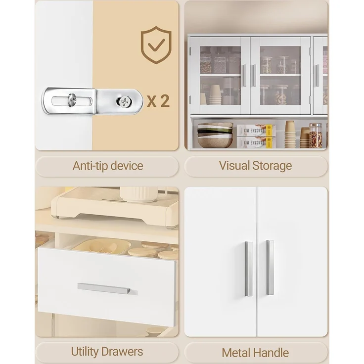 Buffetschrank, Küchenschrank mit 3 Schubladen, Hochschrank mit Steckdosenleiste und LED-Beleuchtung, 3 Schranktüren mit Glasfront, Küche, Wohnzimmer, 40 x 100 x 190 cm, Weiß – Bild 7
