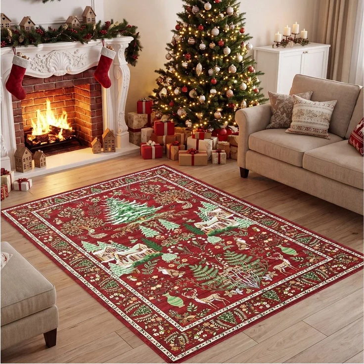 GarveeMore Teppich Roter Festlicher Weihnachtsteppich im Boho-Stil mit Winterwald-Motiv, Höhe: 5 mm – Bild 1