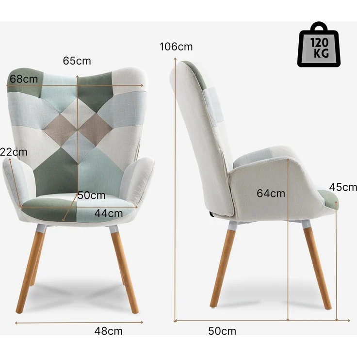 MEUBLE COSY Sessel Relaxsessel Lehnstühle Polstersessel Einzelsofa mit Holzbein Ohrensessel für Wohnzimmer Schlafzimmer Büro Vanity, Patchwork – Bild 3