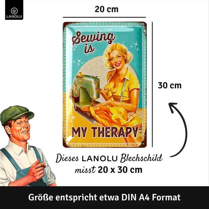 LANOLU Blechschild Sewing Therapy 20x30cm – Metall – Mehrfarbig – 20295 – Bild 3