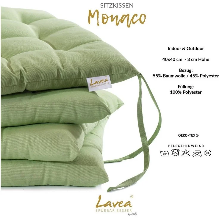 Lavea Stuhlkissen MONACO - weich gepolsterten Sitzkissen Set (4er & 8er), 40x40x3 cm, mit Stoffbändern, Indoor & Outdoor, für Garten & Balkon – Bild 2