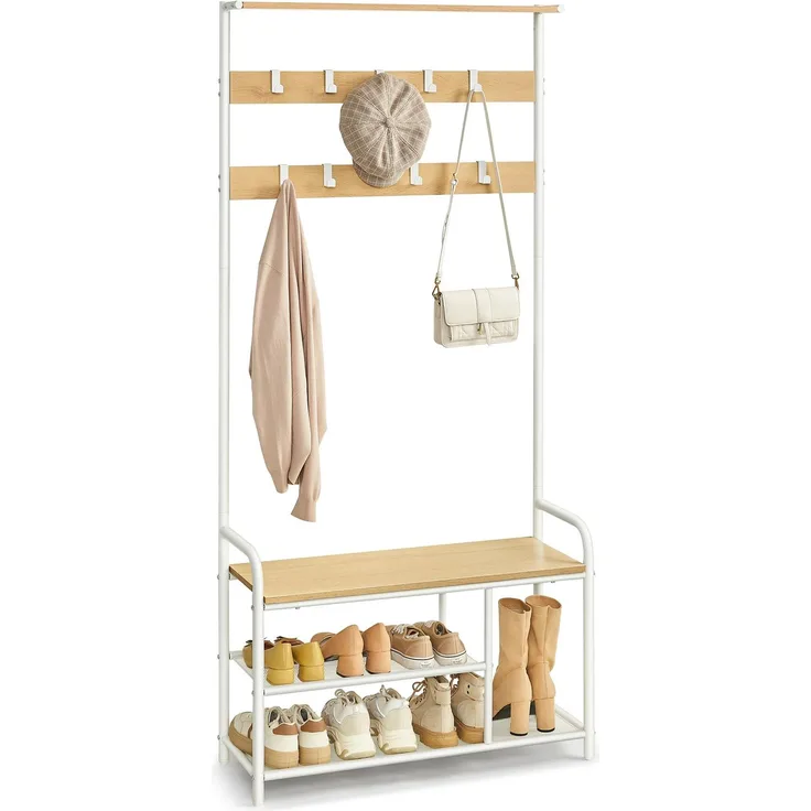 VASAGLE Garderobenständer, Garderobe, Kleiderständer 9 Haken, Schuhbank, Ablage, 30 x 85 x 180,5 cm, für Flur, Schlafzimmer, kleine Wohnungen, modern, eichenfarben-weiß HSR409W09