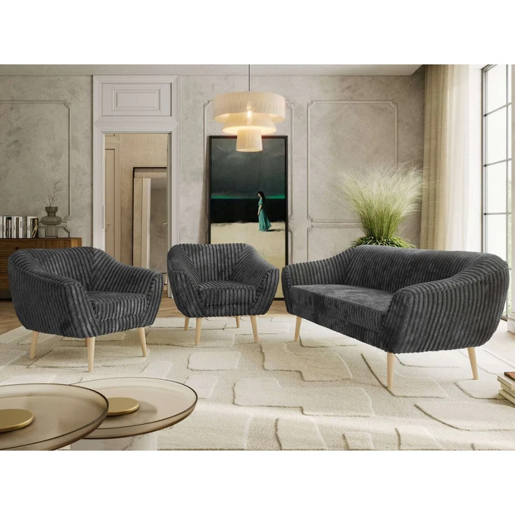 Wohnzimmerset PIRS 1-1-3, Skandinavisches 3-Sitzer Sofa mit Sesseln, Sofa mit Wellenfederung, Buche Füße, Skandinavisches Möbelset - Grau Cord – Bild 1