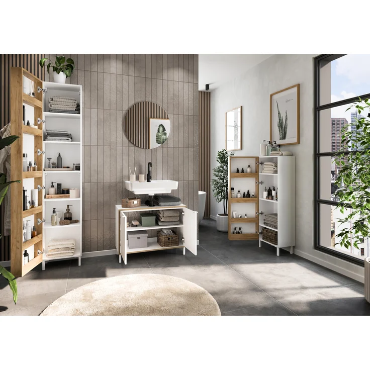 Germania Waschbeckenunterschrank 5000-513 GW-Topeka, in Weiß/Eiche, mit Siphonaussparung, 80 x 60 x 34 cm (BxHxT) – Bild 5