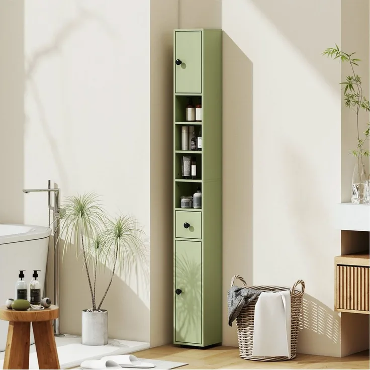 Kleankin Badkommode Hochschrank Toilettenschrank (schmaler Badezimmer-Aufbewahrungsschrank, 1 St, mit Schublade, verstellbaren Regalen), 20 x 20 x 180 cm, Grün