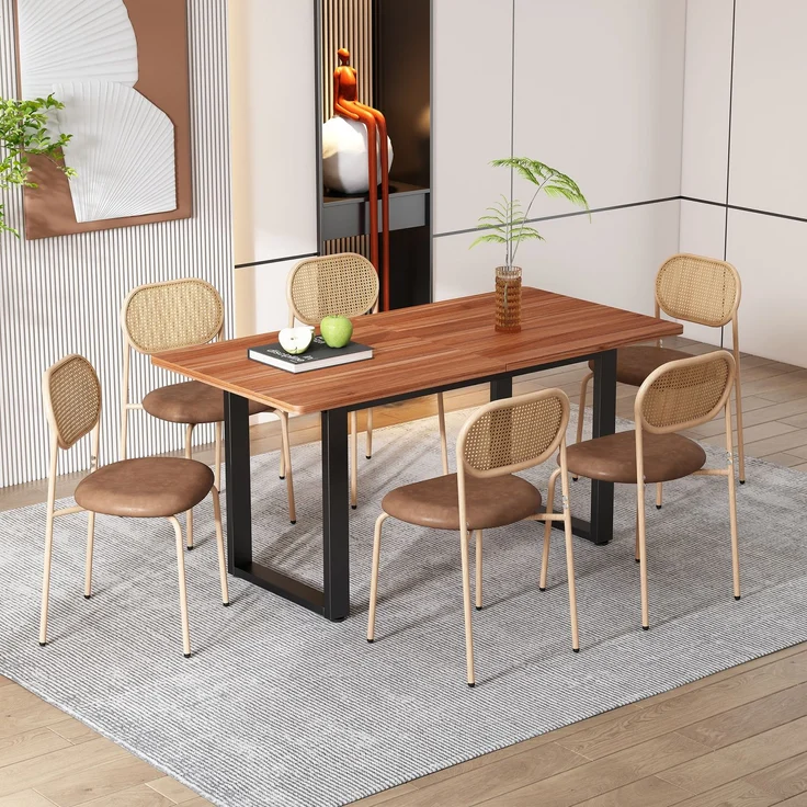 Merax Esszimmerstuhl, (6er set) Freizeitstuhl mit vier Stützbeinen aus Metall, Rattan-Freizeitstuhl, Wohnzimmer- und Schlafzimmerstuhl, Braun – Bild 1