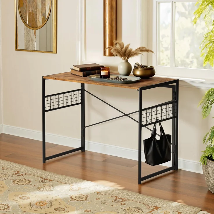 FurnitureR Beistelltisch Klappbar 100x50cm - Retro Braun mit Industriemetal & Haken, ultraflach (5,5cm) für Sofa/Bett