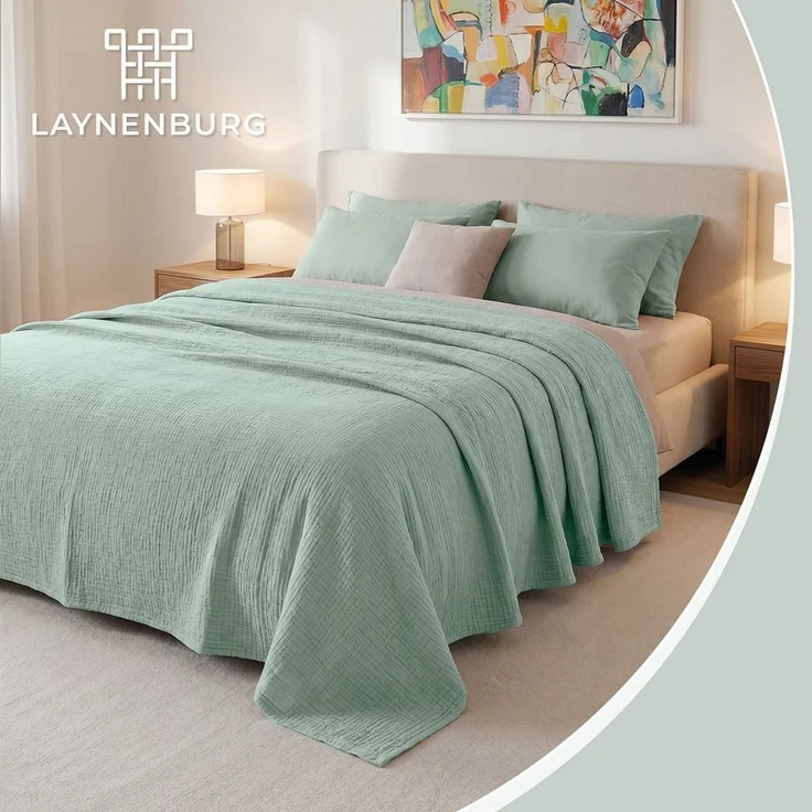 Laynenburg Tagesdecke Musselin aus 100% Baumwolle – Baumwolldecke, Kuscheldecke, Wohndecke als Sommerdecke, Bett-Überwurf, Couch-Überwurf, Sofa-Decke – Bild 2