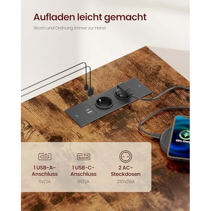 VASAGLE Gaming Schreibtisch in L-Form, Schreibtisch mit Stauraum, höhenverstellbare Regale, für Zuhause, mit Steckdosen und 2 USB-Anschlüssen, 110 x 80 cm, rustikales Braun LWD131KD01 – Bild 5