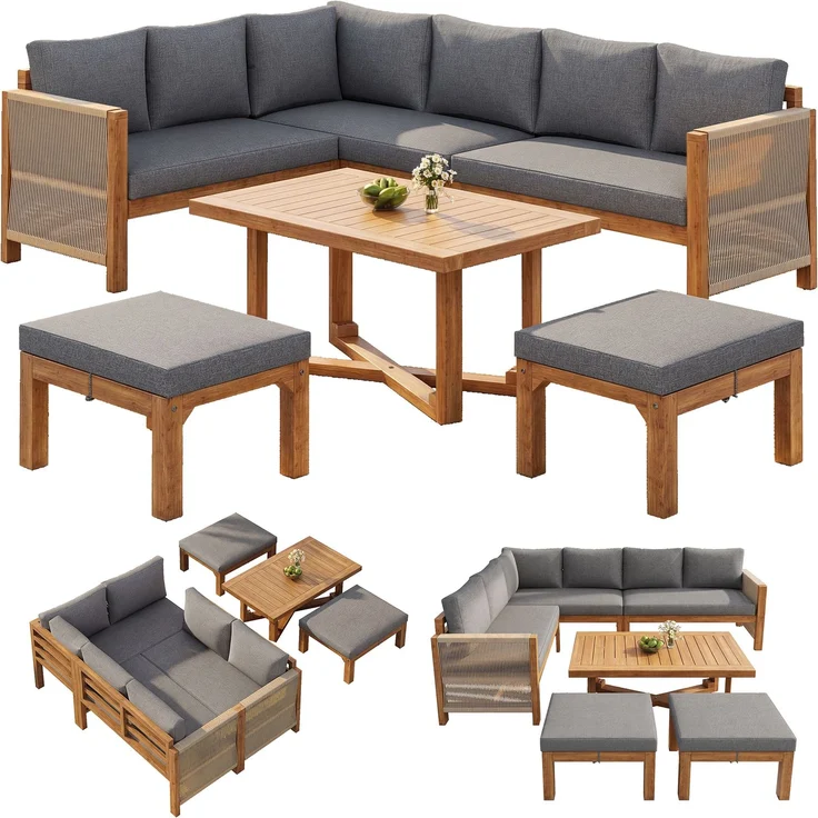 Merax Gartenmöbel-Set 6-tlg, Gartensofa mit Hocker und Tisch, Gartenloungeset Balkonmöbelset 8 Sitzer aus Akazie, Terassenmöbelset mit Kissen, Grau – Bild 10