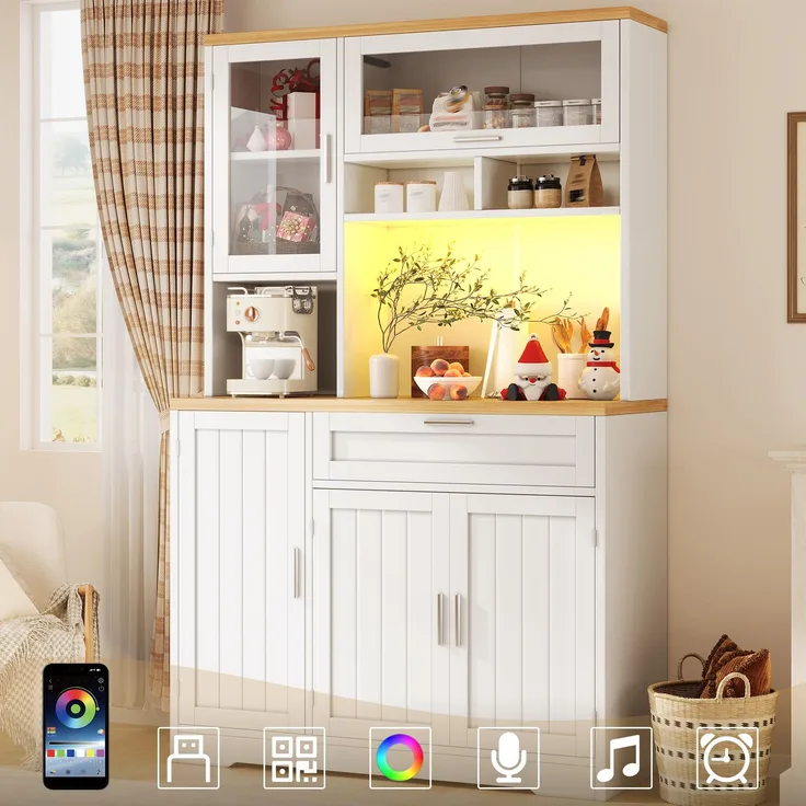 Küchenschrank, Hochschrank / Vitrine mit LED-Beleuchtung, 104x40x180 cm, weiß/schwarz, für Küche & Wohnzimmer--Weiß--104x40x180cm--YOUDENOVA