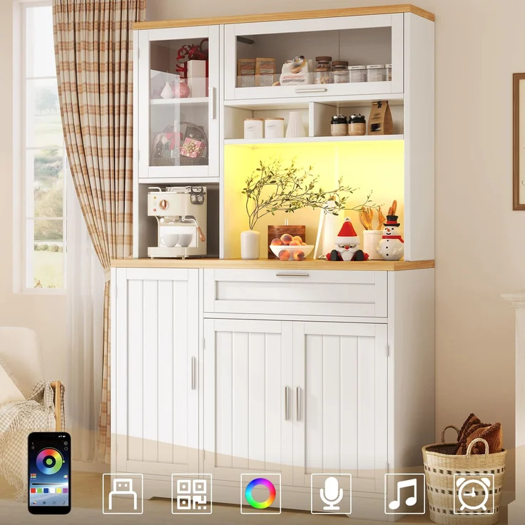 Küchenschrank, Hochschrank / Vitrine mit LED-Beleuchtung, 104x40x180 cm, weiß/schwarz, für Küche & Wohnzimmer--Weiß--104x40x180cm--YOUDENOVA – Bild 1