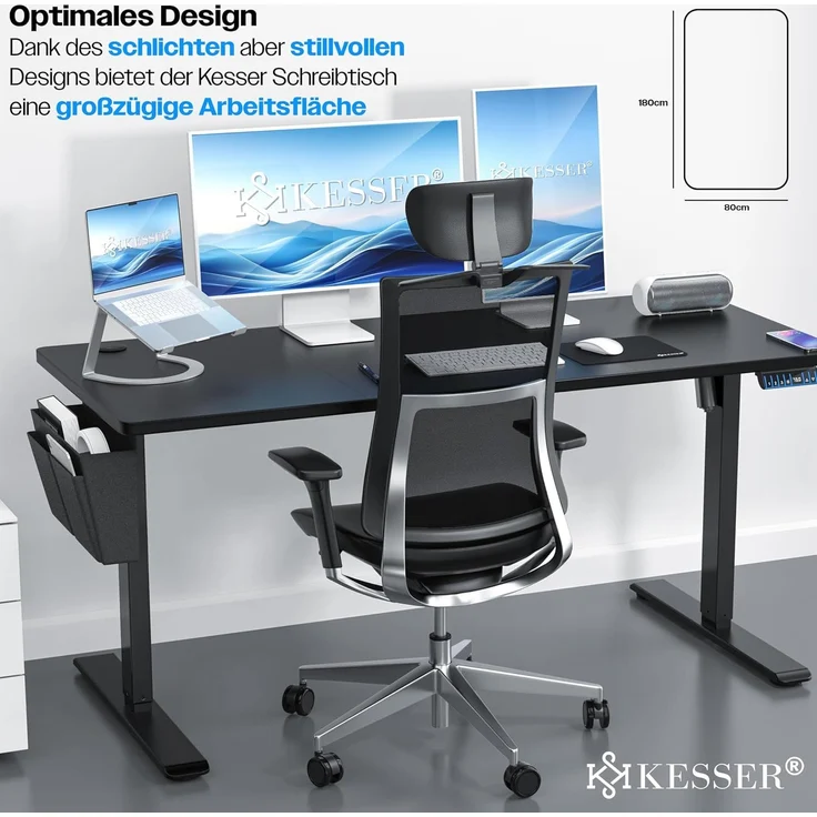 KESSER® Höhenverstellbarer Schreibtisch elektrisch | Ergonomisch Steh-Sitz Schreibtisch | 3-Funktions-Memory Steuerung | Inkl. 360° Rollen & USB-Ladeanschluss | Computertisch für Homeoffice Schwarz, 180 x 80 cm – Bild 3