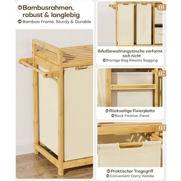 Yorbay Wäschekorb Bambus 140L, Wäschesortierer mit 2 Körben, 2 Fächern & Hängetasche – Bild 5