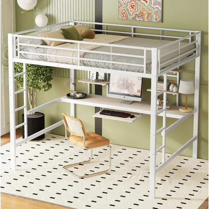 Hochbett 140x200 cm mit Schreibtisch und 2 Regalen – Metallbett in Weiß