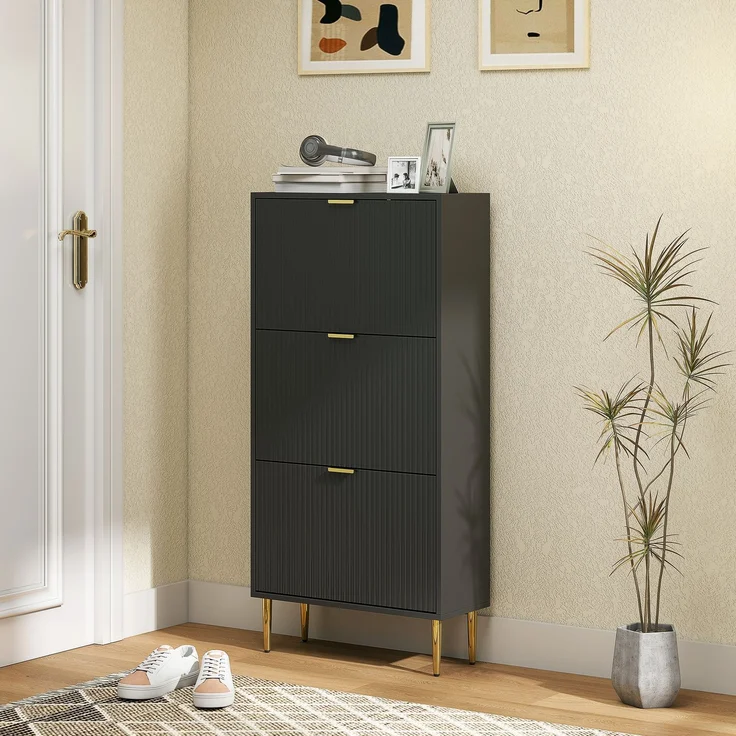 Schuhschrank für 18 Paar Schuhe mit 3 Klappschubladen, geriffelten Türen und verstellbaren Einlegeböden, 60 x 24 x 122,5 cm, schwarz – Bild 4
