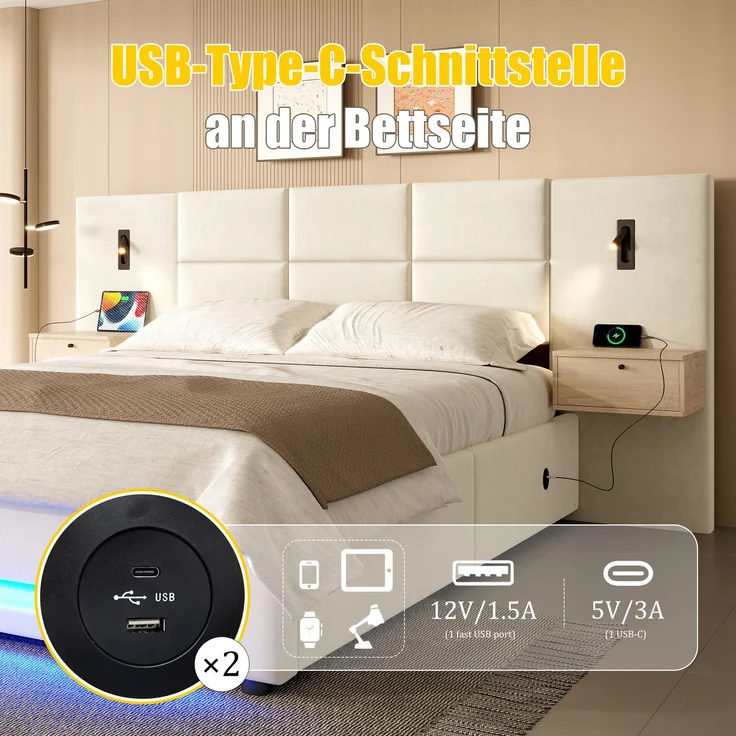 TavilaEcon Boxspringbett mit Samtkopfteil, praktischen Stauschubladen und LED-Nachtlicht beige Liegefläche 180 × 200 cm – Bild 10