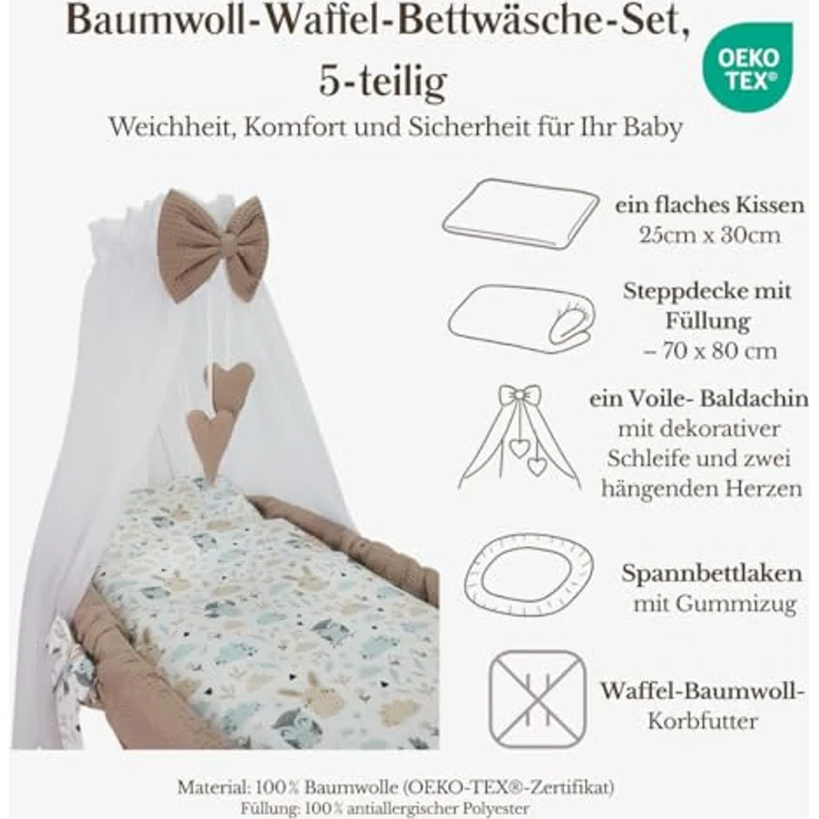 WIKLINOPOL Stubenwagen Lena aus Weide – Babywiege mit Rollen, Matratze, Baldachin & Bettwäsche aus Waffelstoff mit Kaninchen Beige, handgefertigt, weiß Moseskorb – Bild 3