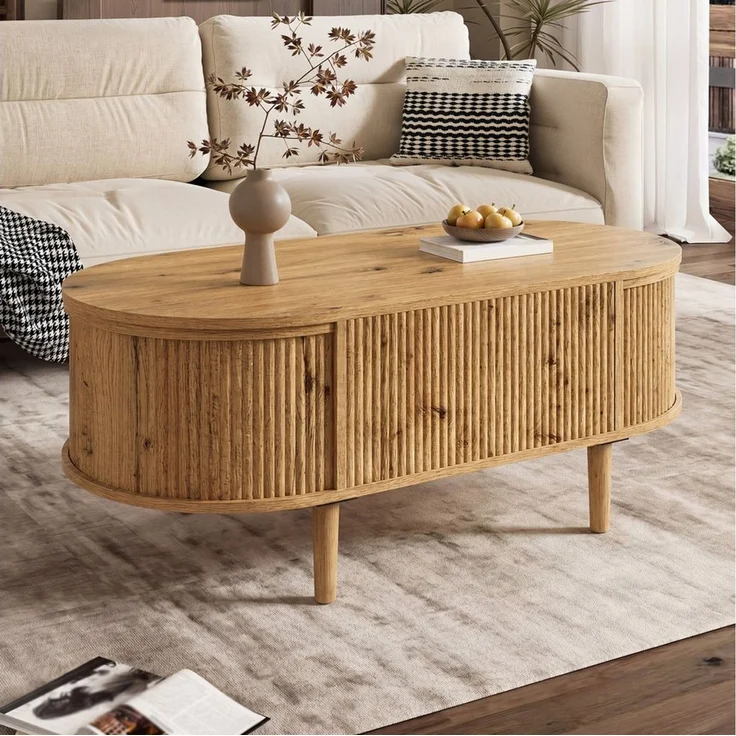 HAUSS SPOLE Couchtisch Couchtisch mit höhenverstellbar Beistelltisch Sofatisch Wellenoptik (Ovaler Wohnzimmertisch mit höhenverstellbarer Tischplatte), Moderner Kaffeetisch Holzoptik mit MDF Korpus Konstruktion – Bild 3