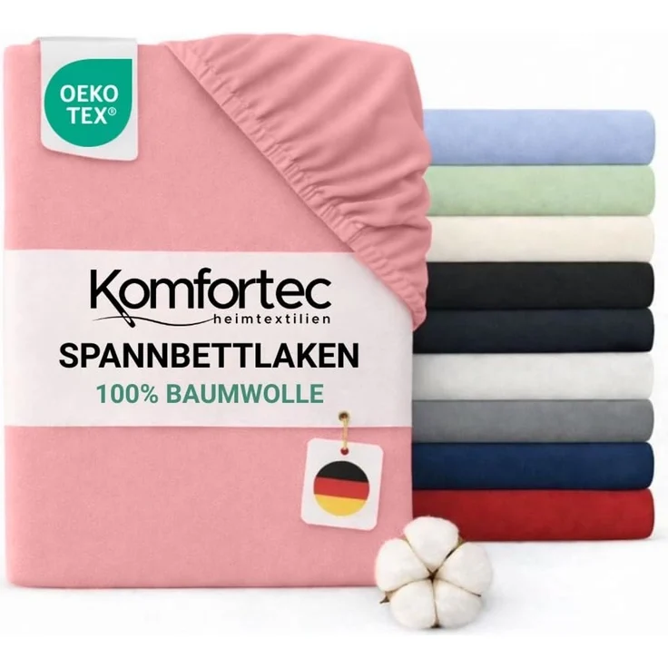 Komfortec Spannbettlaken 180x200 Baumwolle Jersey Bettlaken, Oeko-Tex Zertifiziert für Boxspring, Topper, Rundumgummi für Perfekte Passform, Weich & Atmungsaktiv, Pflegeleicht & Formstabil, Rosa