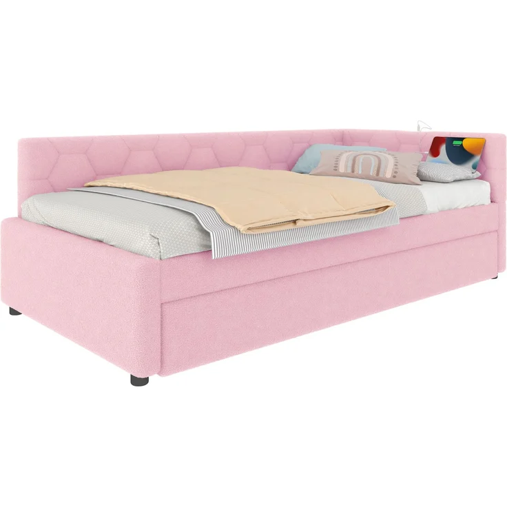 Daybett, 90*200cm Tagesbett, Schlafsofa, Bett mit Lattenrost (ohne Matratze), mit Nachttischlampe, mit multifunktionalem Ausziehbett, USB-Anschluss, Typ-C, Komfortmaterial, Boucle, Rosa – Bild 7