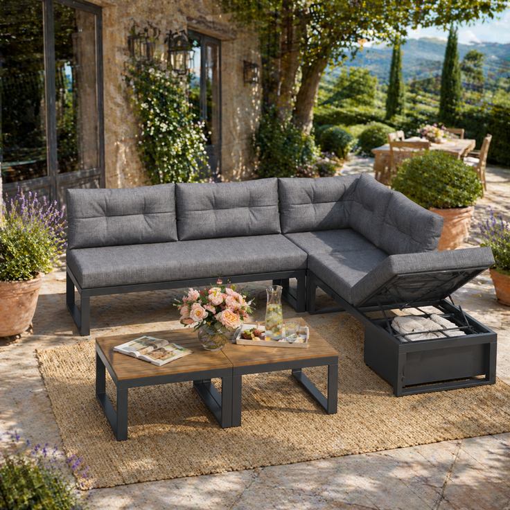 ZUBALIYA Garten-Loungeset - 191,5 x 191,5 x 79 cm , Grau , Polyester , verstellbare Rückenlehne , mit Stauraum – Bild 6