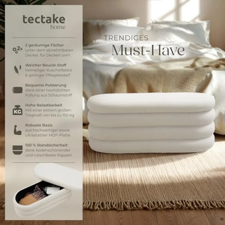 tectake® Sitzbank mit Stauraum, Scandi Sitzhocker, Hocker mit Stauraum, Teddy Stoff, Pouf, Polsterhocker, Sitztruhe, Truhe mit Deckel, Truhenbank mit Stauraum, Möbel für Wohnzimmer - Bouclé créme-weiß – Bild 4