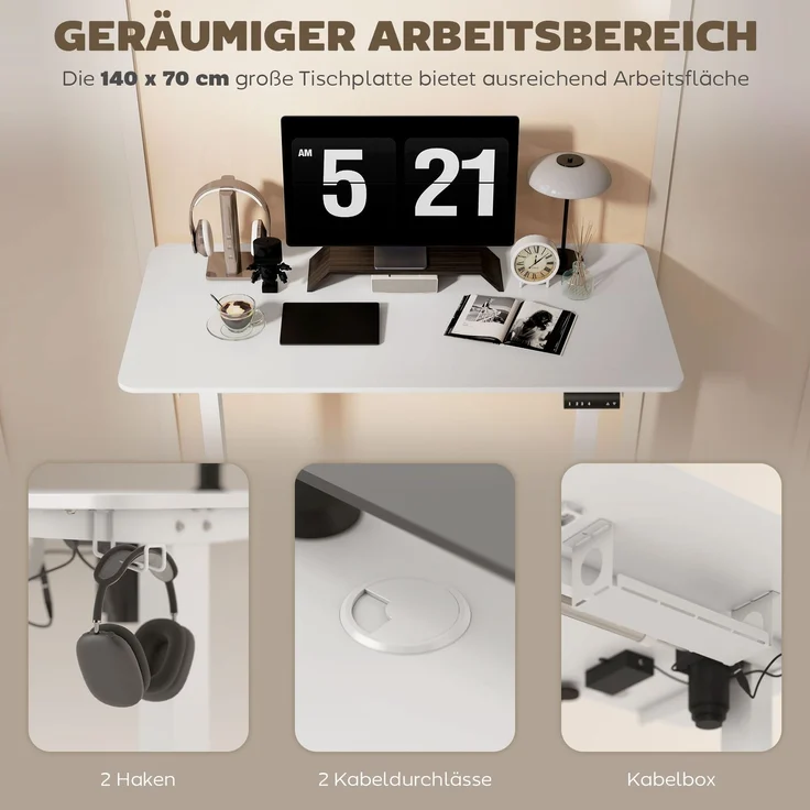 Vinsetto Schreibtisch, Spanplatte, Stahl, Weiß, 140L x 70B x 72-116H cm – Bild 7