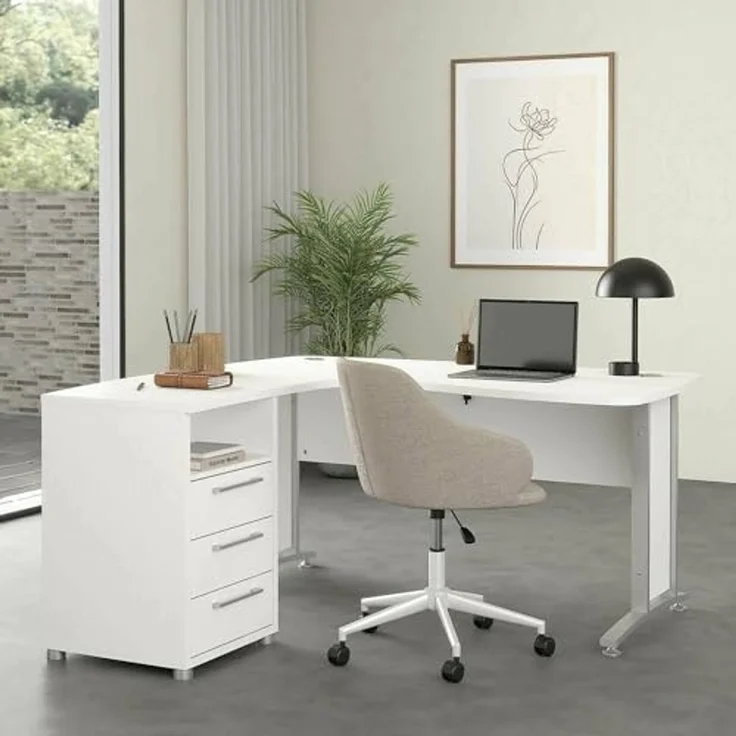 Dmora - Schreibtisch Sidonia, Mehrzweckschreibtisch, Bürotisch für PC, Eckschreibtisch, 159x150 h75 cm, Weiß und Grau – Bild 1