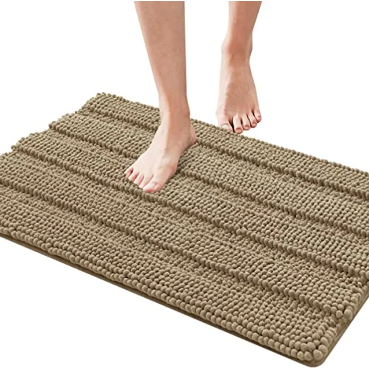 SUBRTEX Badezimmerteppich, Chenille, weich, rutschfest, gestreift, Plüsch-Badvorleger, Teppiche für Badezimmer, wasserabsorbierend, schnell trocknend, maschinenwaschbar (Sandfarben, 40,6x61 cm) – Bild 8