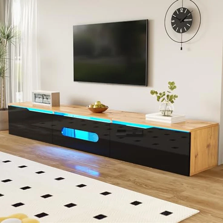 Ball & Cast TV Board Hängend & Stehend mit 3 Staufächern und integrierter Beleuchtung, 180 x 35 x 30 cm, Schwarz + Original Holzfarbe – Bild 3