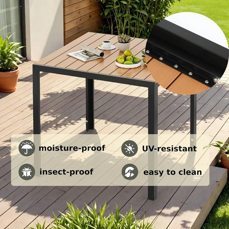 Clevich Wetterfester Gartentisch 75x75 cm, Quadratisch aus Aluminium mit WPC Tischplatte,Outdoor Esstisch für Balkon und Terrasse, pflegeleicht und langlebig, Schwarz+Teak – Bild 5