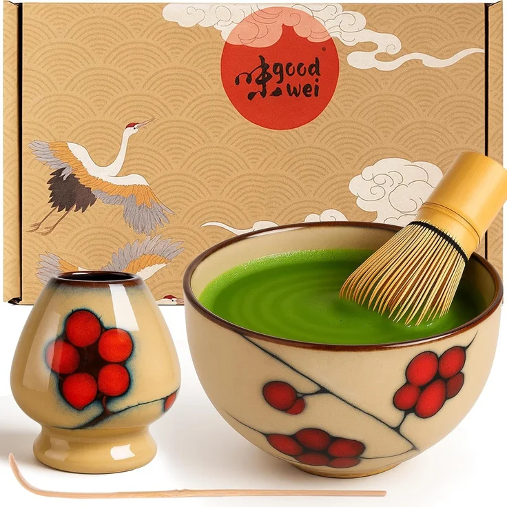 Goodwei Teeschale Matcha-Set "Plum" 80 mit Teeschale, Matchabesen und Besenhalter, 4-tlg, Keramik