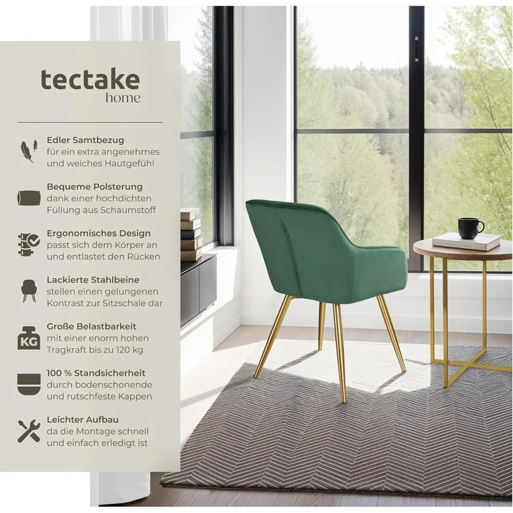 tectake®4er Set Esszimmerstuhl, Sessel bequem mit Armlehne, Polsterstuhl, Samtstoff Cocktailsessel, Loungesessel für Wohnzimmer, Esszimmer, Moderne Küchenstühle, Bürostuhl - dunkelgrün/Gold – Bild 4