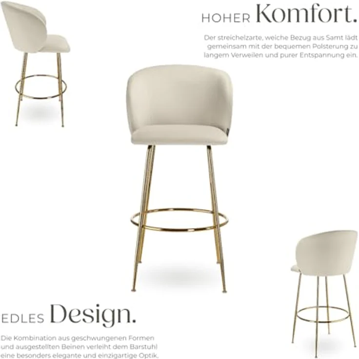 tectake Barstuhl Luana, Creme, Gold, gepolstert, ergonomisches Design, 51x106 cm, Esszimmer, Barhocker – Bild 5