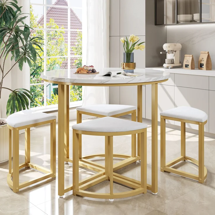 Runder Esstisch 80 cm mit 4 Samtstühlen, MDF Tischplatte weiß, Essgruppe mit vergoldetem Metallrahmen für Küche & Esszimmer – Bild 2
