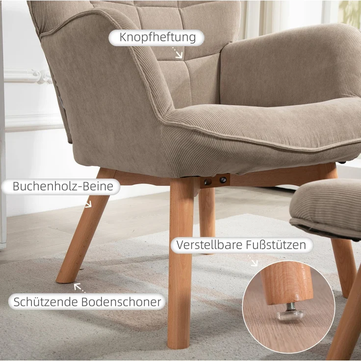 DESVIAE Sessel-Set 2-tlg. mit Hocker, Polyesterbezug und Buchenholzbeinen, Khaki, Sessel 80x101x72 cm – Bild 4