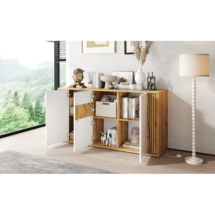 ZUBALIYA Sideboard 140x35x71 cm, mit 3 Türen, aus MDF / Spanplatte, Weiß / Natur – Bild 17