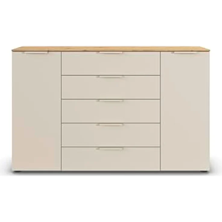 Rauch Möbel Flipp, Kommode für Schlafzimmer, Kinderzimmer, Wohnzimmer, Jugendzimmer, Flur, Garderobe, 2-türig, 5 Schubladen, mit Softclose-Funktion, Farbe Eiche Artisan, Holz/Beige, Breite 160 cm – Bild 6