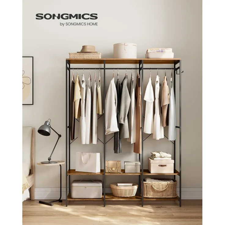 SONGMICS Kleiderschrank offen, Kleiderständer, Garderobenständer, Garderobe mit Kleiderstange, Ablagen, abnehmbare Haken, 40 x 141 x 180 cm, vintagebraun RGRDE005B01
