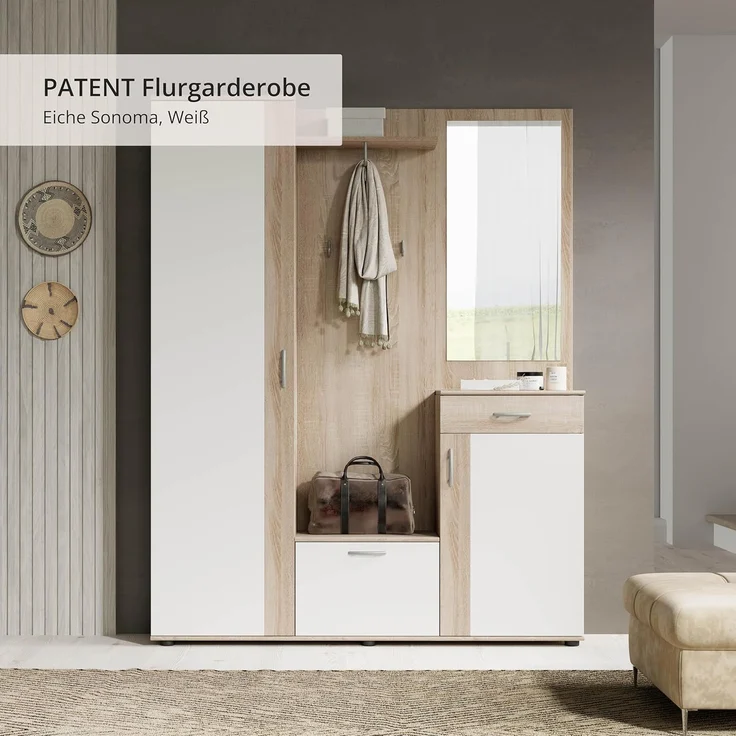 Garderobe PATENT Spiegel Sonoma Eiche und weiß 3-teilig – Bild 6