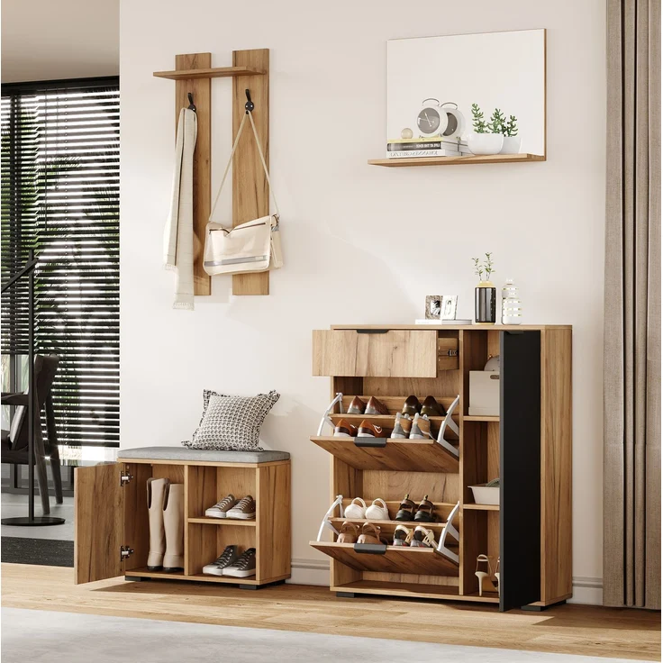 CHICFURN Schrank 140x139x35 cm mit Schuhbank, Spiegel und Haken – Natur/Schwarz – Bild 6