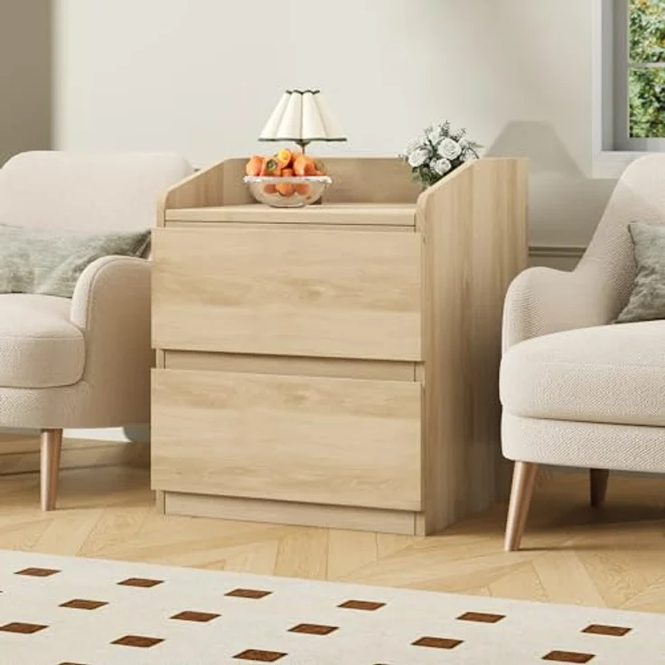 GarveeHome Nachttisch Mit 2 Schubladen, Moderner Beistelltisch, Nachttisch Aus Hellem Holz, Griffloses Design, Aufbewahrungsmöbel Für Das Schlafzimmer Und Das Wohnzimmer – Bild 4