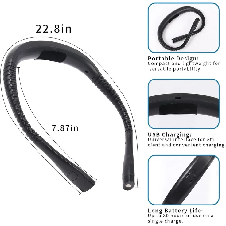 Toomoke LED Leselampe Nackenlampe, Buchlampe, flexibles Leselicht, Akku Halslampe zum Lesen, Stricken, Häkeln, Nähen und Camping, 3 Lichtfarben, 3 Helligkeitsstufen, flexible Arme, USB-C, 1000 mAh – Bild 4