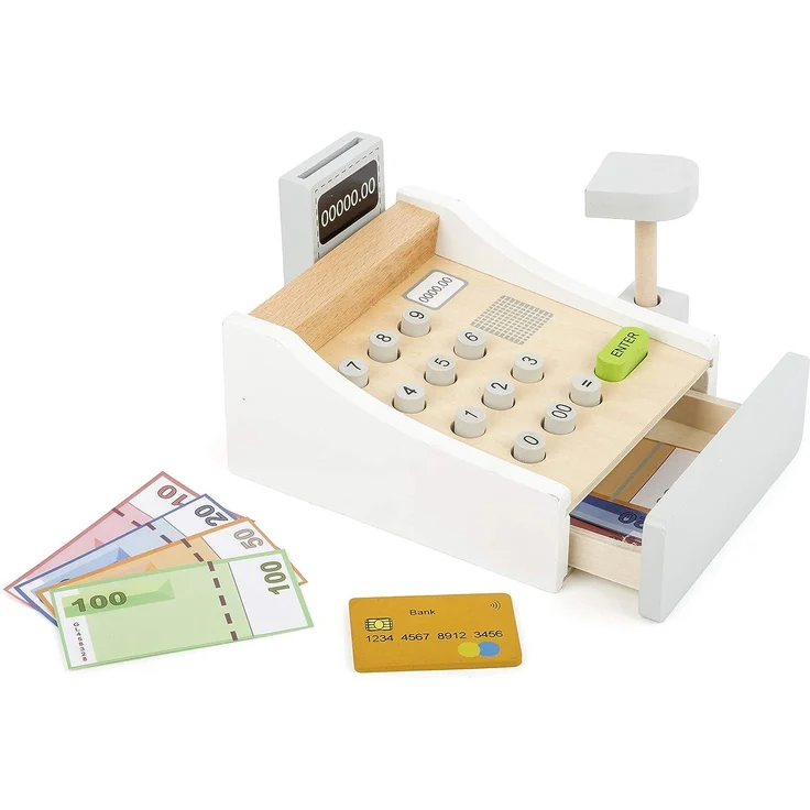 Small Foot 11099 Spielkasse aus Holz, inkl. Scanner, Kartenlesegerät, Spielgeld und Kreditkarten Spielzeug, Mehrfarbig – Bild 1
