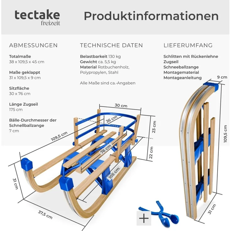 tectake Schlitten Holzschlitten, klappbar, mit Rückenlehne – Bild 6