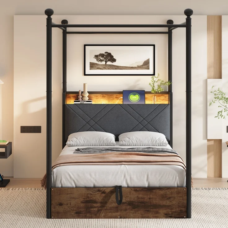Bett 90x190 cm, Smart-Himmelbett mit hydraulischem Bettkasten, Metalll-Holz-Mix, integrierte LED & USB/Type-C,Schwarz – Bild 2