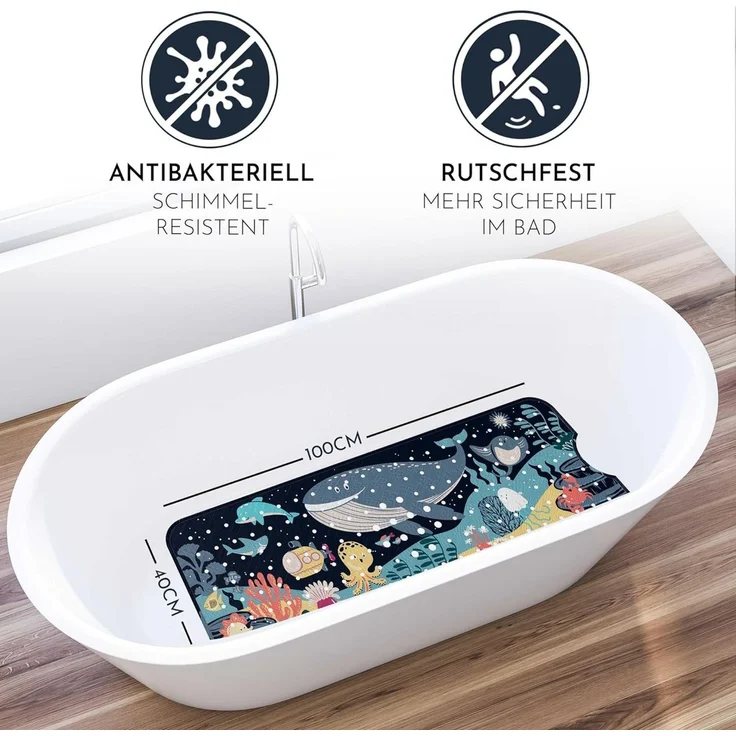 Homerella Badematte rutschfest Kinder - 100% BPA frei Inkl. 2 Haken zum Aufhängen 100x40cm, Antirutschmatte Badewanne Baby hautsensitiv & schimmelresistent, Badewannenmatte rutschfest & waschbar