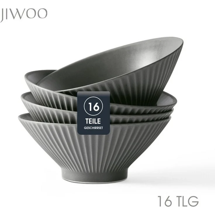 JIWOO Schüssel 4er Ø20cm, Japanische Ramenschüssel Suppenschüssel bowl Pastaschüssel, Keramik, (Set, 16-tlg), Hochwertiges Schüsseln Schwarz Schüssel Mikrowellenofen Spülmaschine – Bild 1